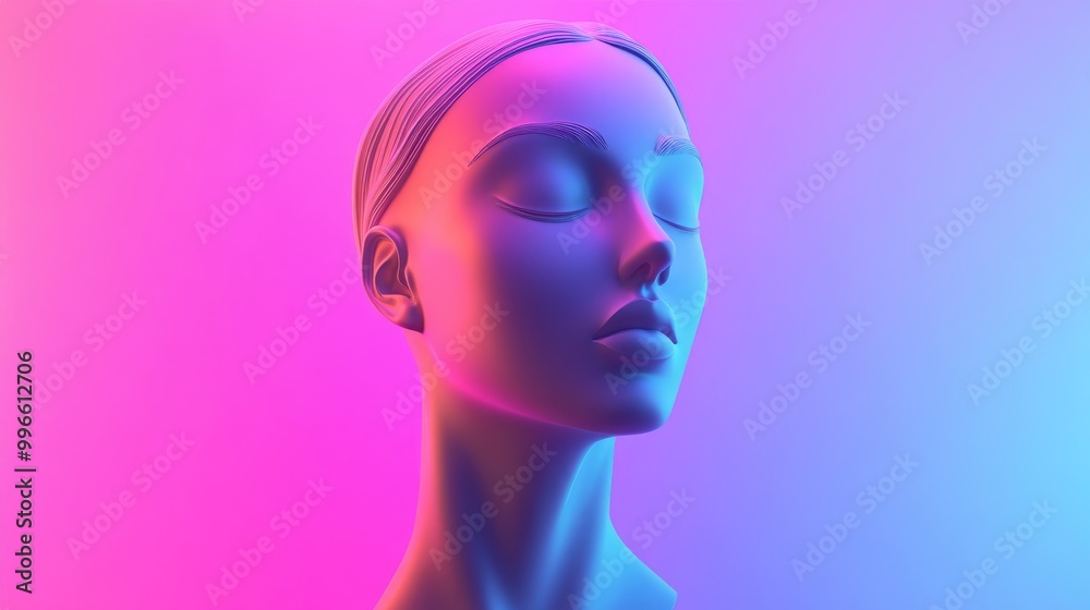 Abstract 3D rendering of a female bust figure with a flat anonymous face set against a gradient background featuring vibrant vaporwave style colors Abstract 3D rendering of a female bust figure with a flat anonymous face set against a gradient background featuring vibrant vaporwave style colors