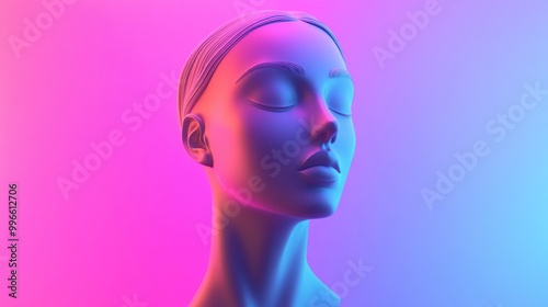 Abstract 3D rendering of a female bust figure with a flat anonymous face set against a gradient background featuring vibrant vaporwave style colors