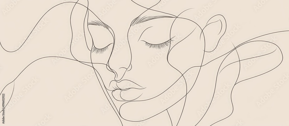 Abstract line drawing of a woman s face Minimalistic and surrealistic style featuring modern continuous line art in a portrait format Abstract line drawing of a woman s face Minimalistic and surrealistic style featuring modern continuous line art in a portrait format