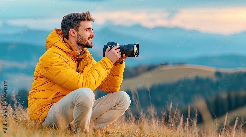 A young man photographs a scenic landscape during sunset, showcasing his passion for photography and outdoor adventures. A young man photographs a scenic landscape during sunset, showcasing his passion for photography and outdoor adventures.