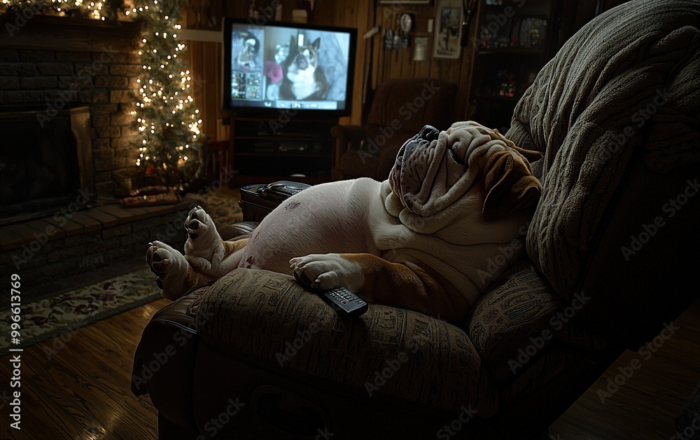 A relaxed bulldog watching TV while lounging comfortably in a cozy living room during the holiday season A relaxed bulldog watching TV while lounging comfortably in a cozy living room during the holiday season