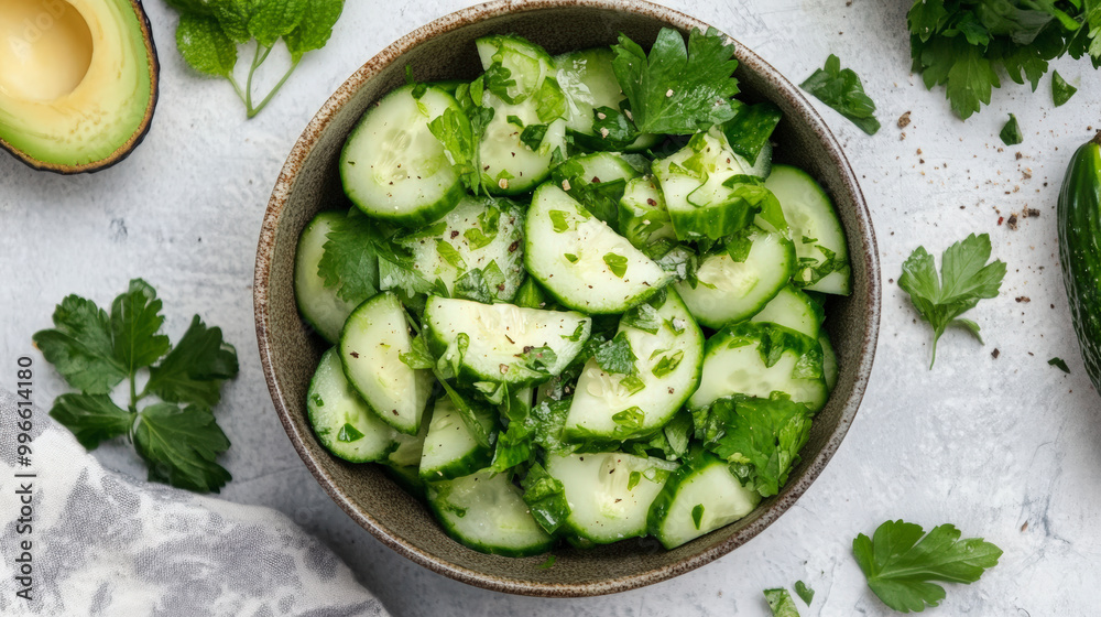 A bowl of fresh cucumber salad garnished with parsley and herbs, surrounded by avocado halves and additional greenery on a light-colored surface. A bowl of fresh cucumber salad garnished with parsley and herbs, surrounded by avocado halves and additional greenery on a light-colored surface.