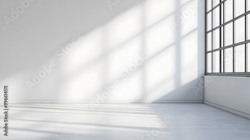 3D studio room with a podium on a white background. Empty floor and wall with shadow overlay from window onto tabletop. Stand with sunlight for product presentation. Interior mockup with countertop.