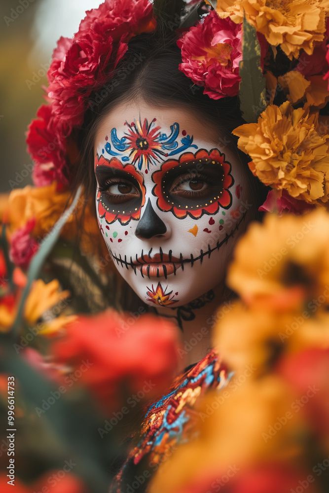 Dia de los Muertos. Portrait of a woman with sugar skull face paint. Dia de los Muertos. Portrait of a woman with sugar skull face paint.