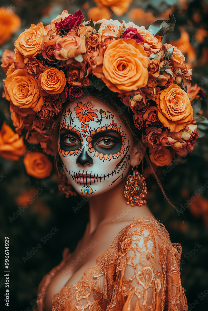 Dia de los Muertos. Portrait of a woman with sugar skull face paint. Dia de los Muertos. Portrait of a woman with sugar skull face paint.