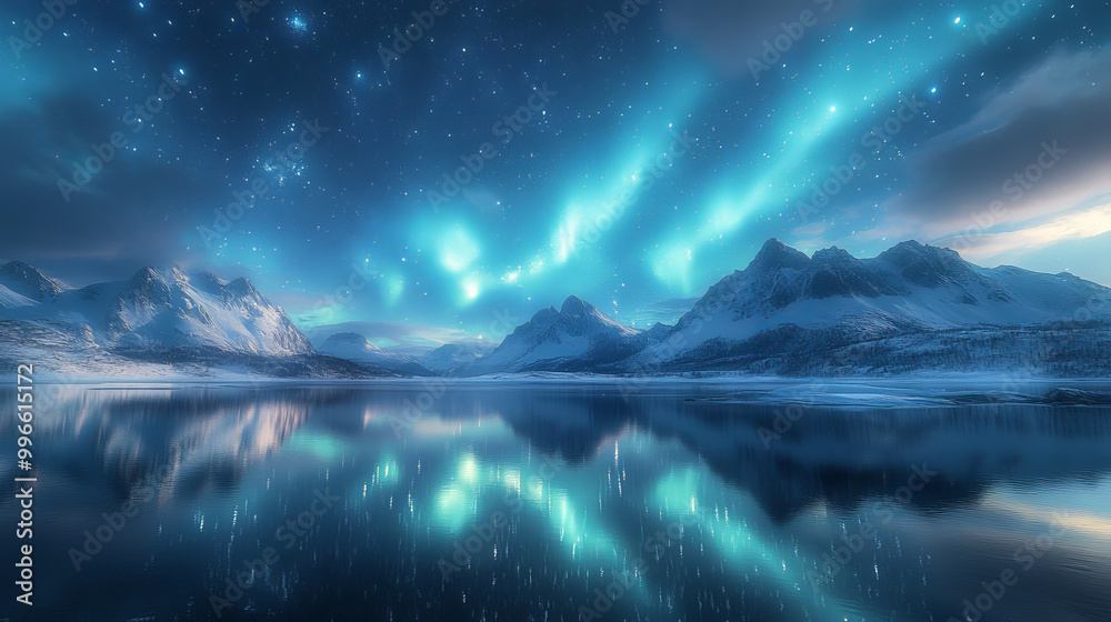 Aurora borealis on the Norway. Green northern lights above mountains Aurora borealis on the Norway. Green northern lights above mountains