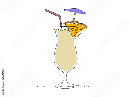 Pina Colada cocktail. continuous one line art hand drawing sketch, logo