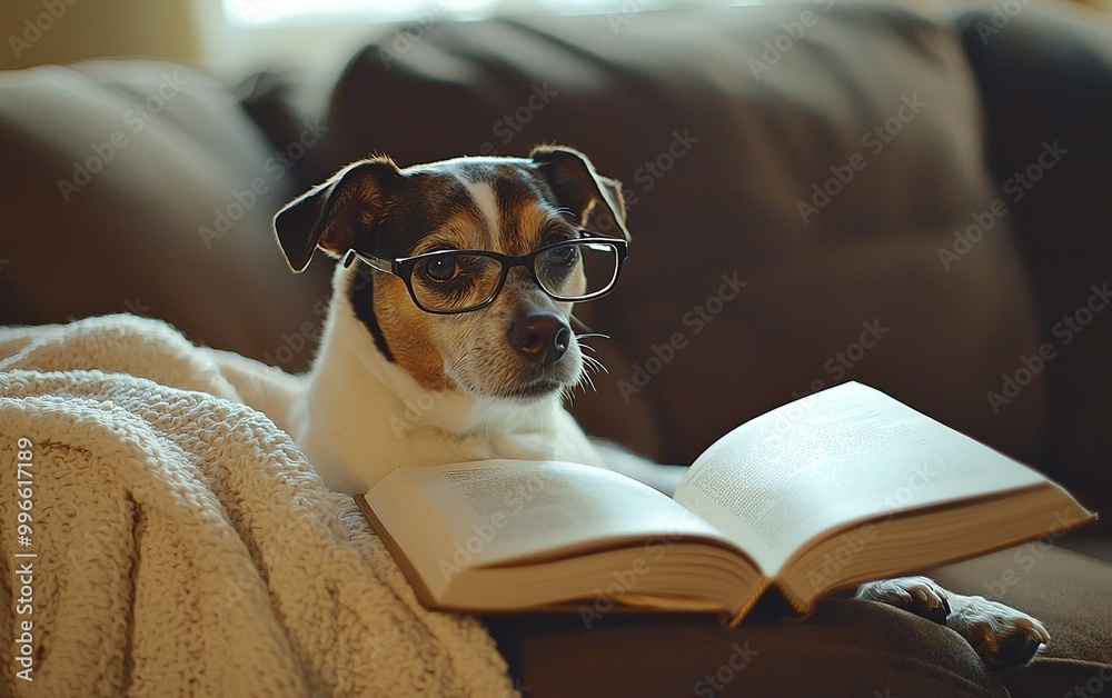 A curious dog reading a book on a cozy couch during the afternoon sunlight filtering through the window A curious dog reading a book on a cozy couch during the afternoon sunlight filtering through the window