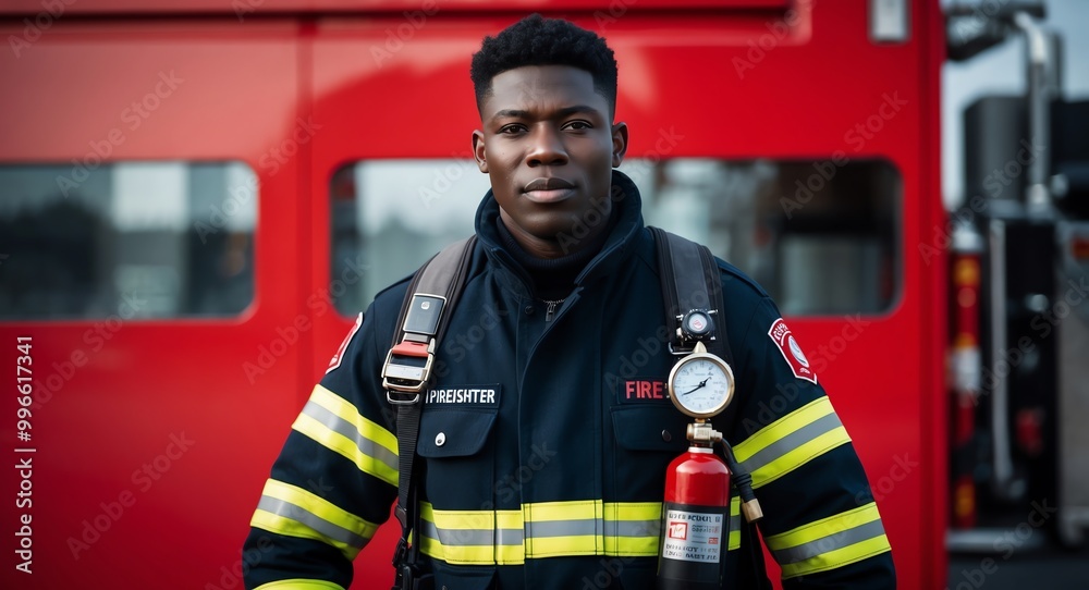 Proud young Black firefighter in uniform holding a helmet against a red background Proud young Black firefighter in uniform holding a helmet against a red background