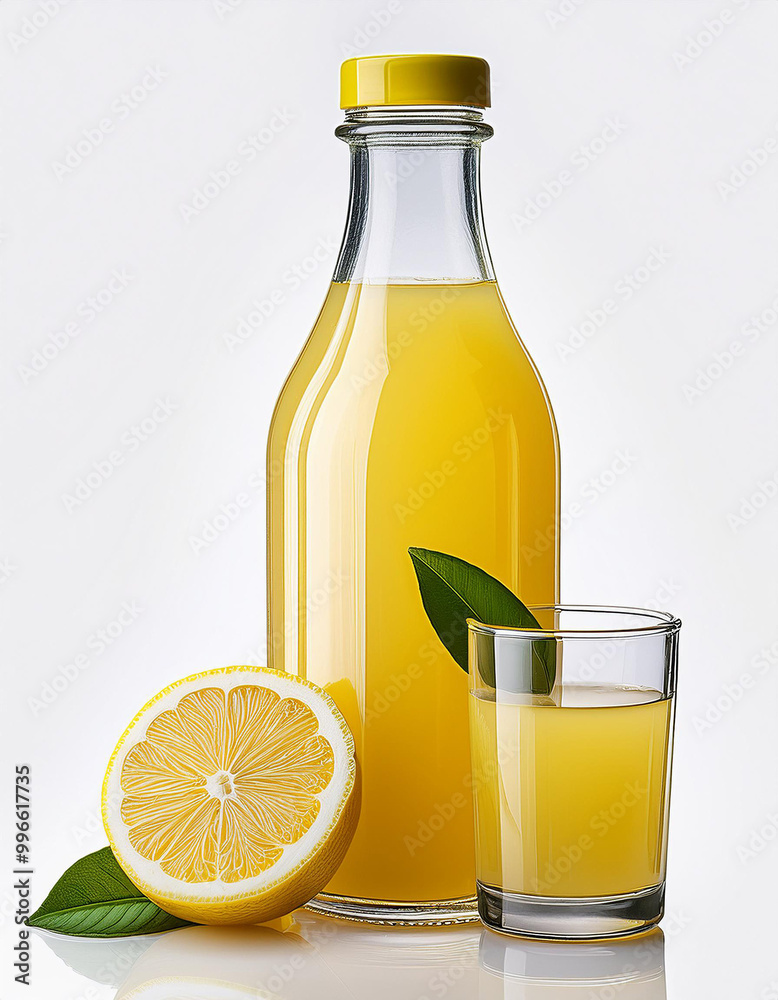 Fototapeta premium Freshly squeezed lemon juice in a clear bottle next to a sliced lemon on a bright backdrop