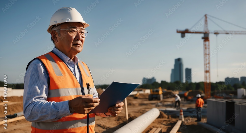Serious elderly Asian engineer at a construction site inspecting progress Serious elderly Asian engineer at a construction site inspecting progress