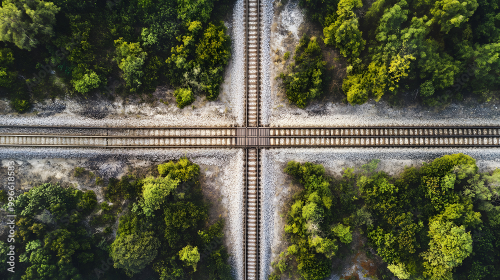 Aerial view of a railway crossing with intersecting tracks Aerial view of a railway crossing with intersecting tracks