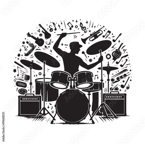 Drummer Silhouette, Vector Illustration
