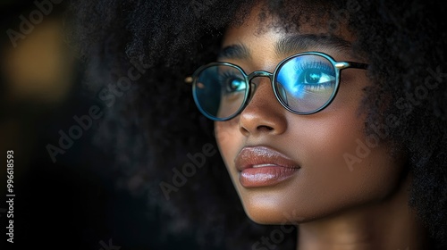 Closeup Portrait of a Young Woman Wearing Glasses and Looking Away