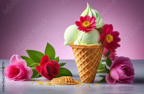 Ice creamfilled waffle cone with flowers in a flowerpot on a table photo