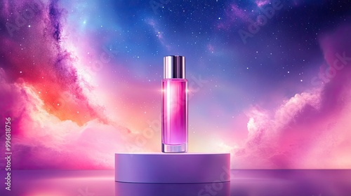 An elegant perfume bottle set against a cosmic background, showcasing a vibrant blend of colors and a touch of luxury.