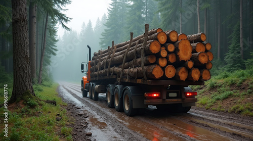 Logging truck transporting timber through forest on muddy road