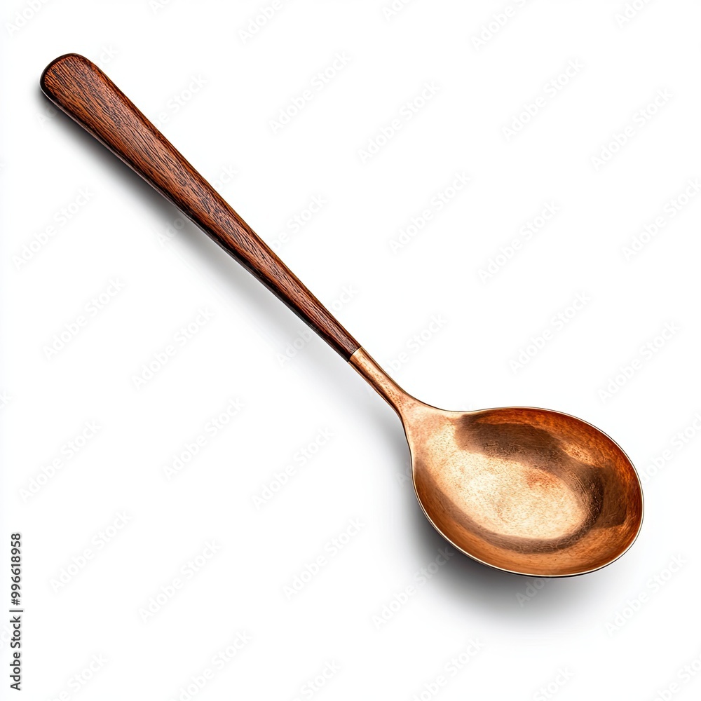 An elegant wooden spoon with a shiny copper bowl, perfect for cooking or serving meals in style. An elegant wooden spoon with a shiny copper bowl, perfect for cooking or serving meals in style.