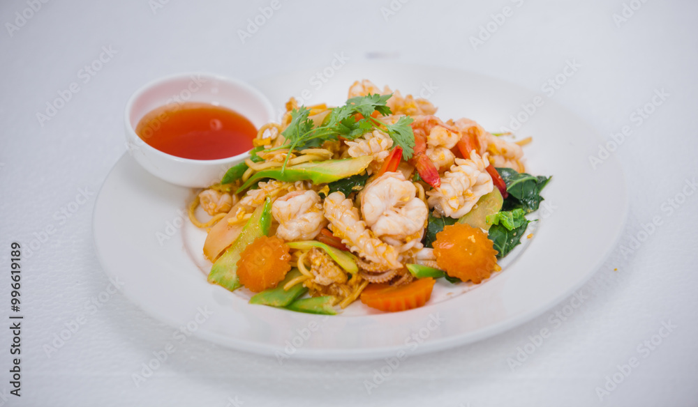 Close up spicy Asian foods style, noodle with seafoods Close up spicy Asian foods style, noodle with seafoods