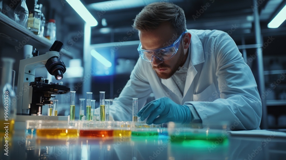 A scientist in a lab coat and safety goggles carefully examines colorful liquids in test tubes and petri dishes on a table. A scientist in a lab coat and safety goggles carefully examines colorful liquids in test tubes and petri dishes on a table.