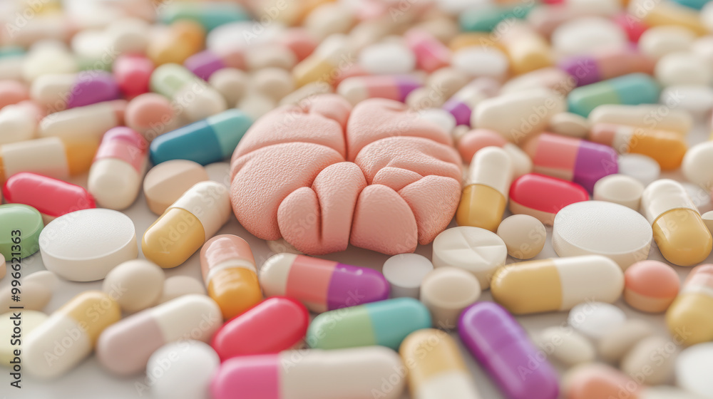 A brain model surrounded by various colorful pills and capsules, symbolizing medical treatment and mental health care. A brain model surrounded by various colorful pills and capsules, symbolizing medical treatment and mental health care.