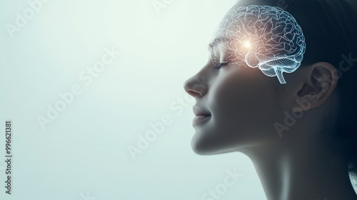 A woman's side profile with an illuminated brain illustration highlights the left side of her head, symbolizing thought, intelligence, and mental activity.  photo