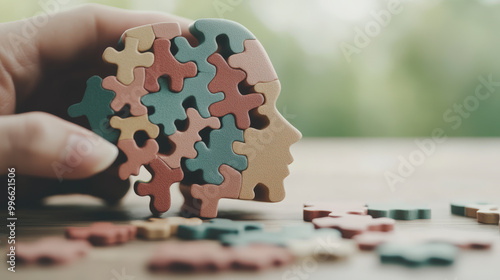 A hand assembles a brain-shaped jigsaw puzzle, symbolizing mental health, cognitive processes, and the complexities of human thought.