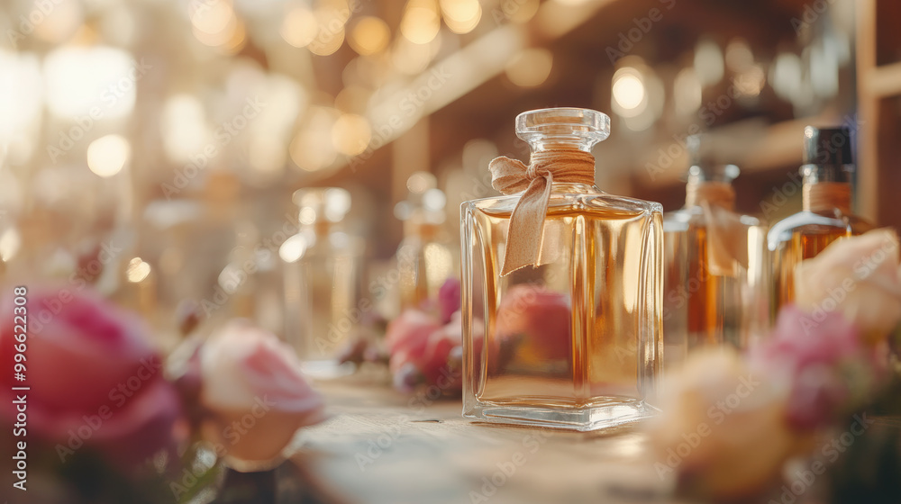 Elegant glass bottles filled with aromatic liquids, surrounded by delicate flowers, creating a serene and luxurious ambiance on a wooden shelf in soft light. Elegant glass bottles filled with aromatic liquids, surrounded by delicate flowers, creating a serene and luxurious ambiance on a wooden shelf in soft light.