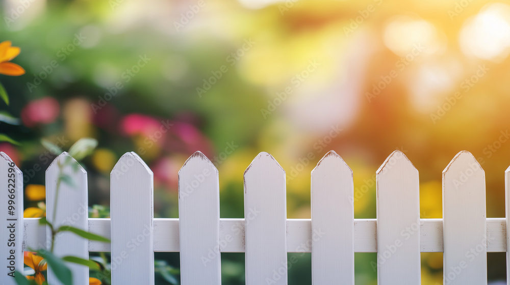 White Picket Fence: A charming white picket fence stands tall in a sun-drenched garden, symbolizing the peace and tranquility of suburban living.