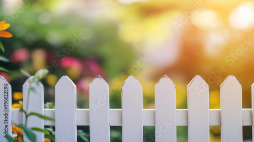 White Picket Fence: A charming white picket fence stands tall in a sun-drenched garden, symbolizing the peace and tranquility of suburban living.