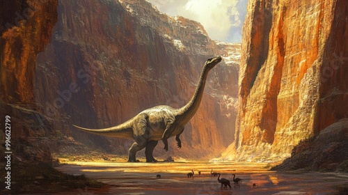 Fototapeta Naklejka Na Ścianę i Meble -  A massive dinosaur stands tall in a canyon, with smaller dinosaurs in the distance.