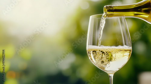 A glass of white wine being poured outdoors, surrounded by a soft, sunlit, green and bokeh background, creating a serene and refreshing ambiance.