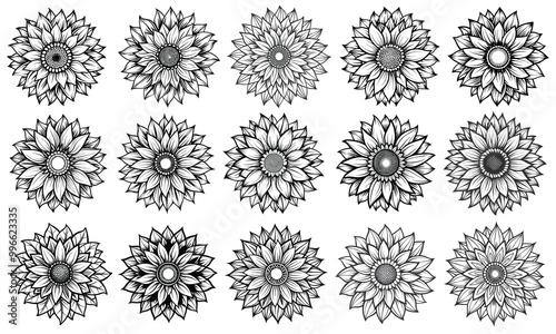 Sunflower Coloring Page for Adults, intricate line art design showcasing detailed petals and leaves, perfect for relaxation and stress relief, ideal for adult coloring books or printable art therapy  photo