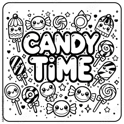 Candy Time Halloween coloring page with kawaii lollipops, sweets, and candies, black and white doodle illustration, Funny Children Art, Cozy Activity, Printable Sheet