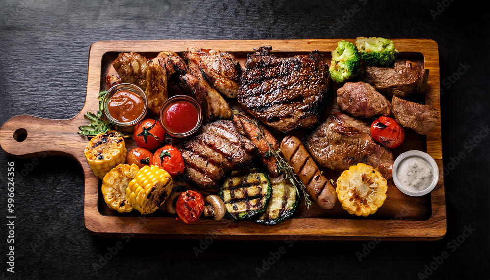 Assorted grilled meat platter with vegetables, sauces, and spices on a wooden board. Assorted grilled meat platter with vegetables, sauces, and spices on a wooden board.