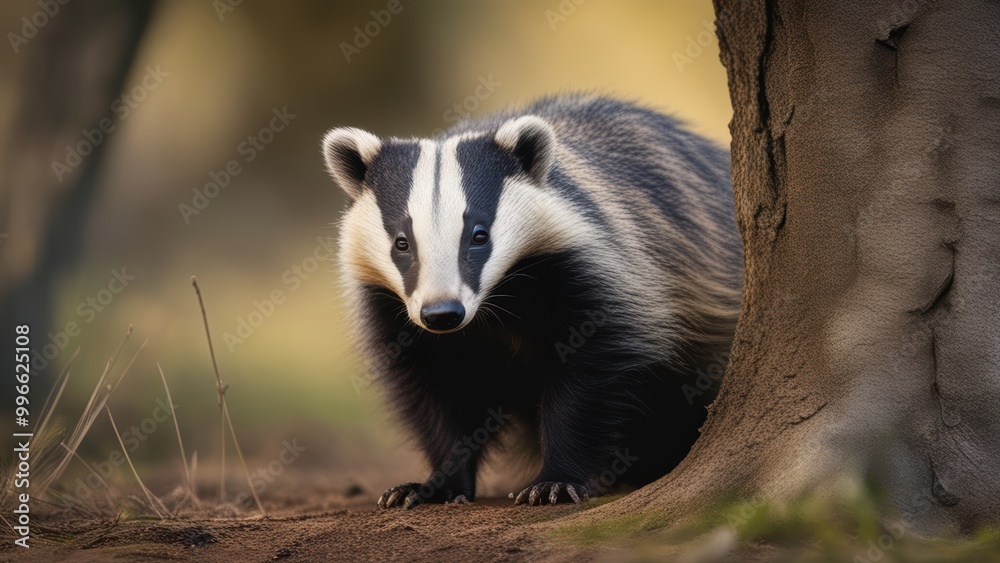 A black and white striped badger stands among tree roots its thick fur suggesting a cold environment. A black and white striped badger stands among tree roots its thick fur suggesting a cold environment.