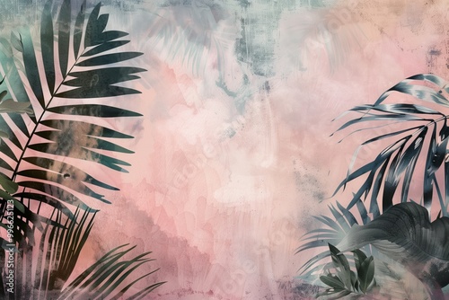 Delicate, beautiful background in pastel colors with tropical leaves. Copy space