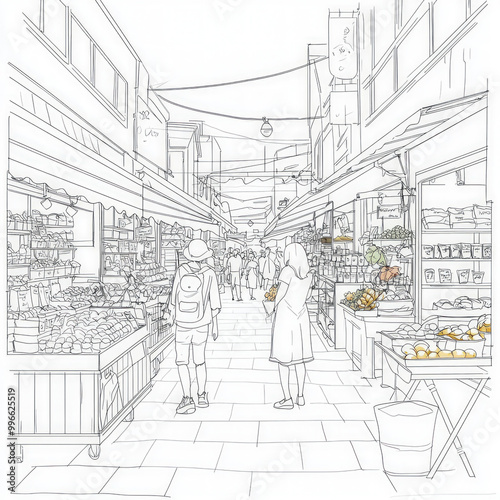 A bustling street market with colorful stalls, coloring page for kids, simple outline illustration. Coloring book, simple lines.