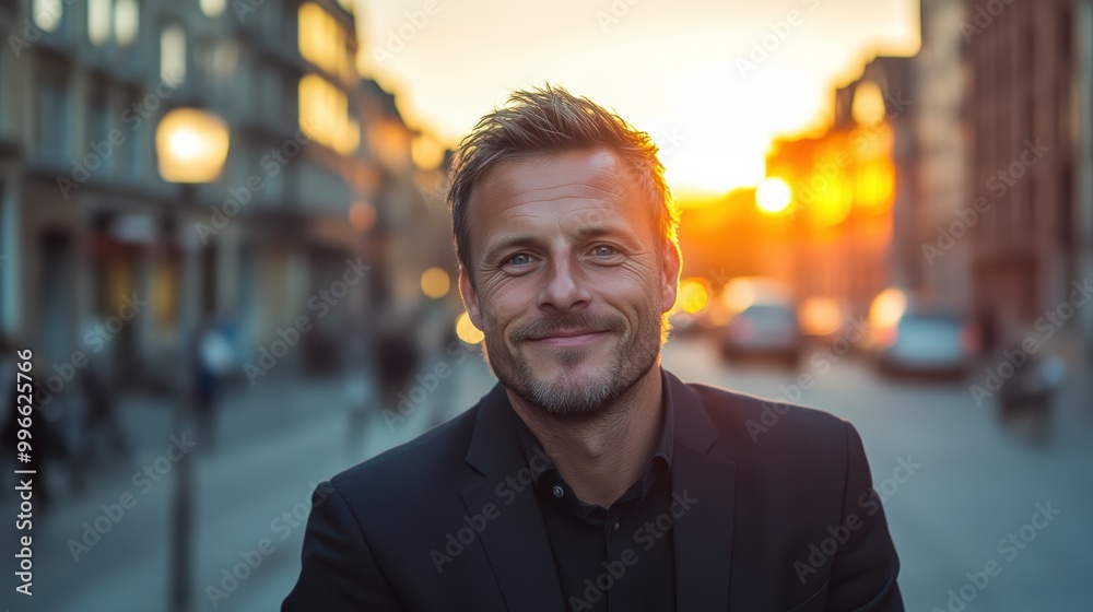 Golden Hour Portraiture: Handsome Man with Striking Blue Eyes and Charming Smile Backlit by Sun in Dark Attire Golden Hour Portraiture: Handsome Man with Striking Blue Eyes and Charming Smile Backlit by Sun in Dark Attire