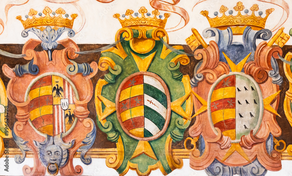 Antique heraldic banner. Medieval decoration ornament, vintage shield shape.