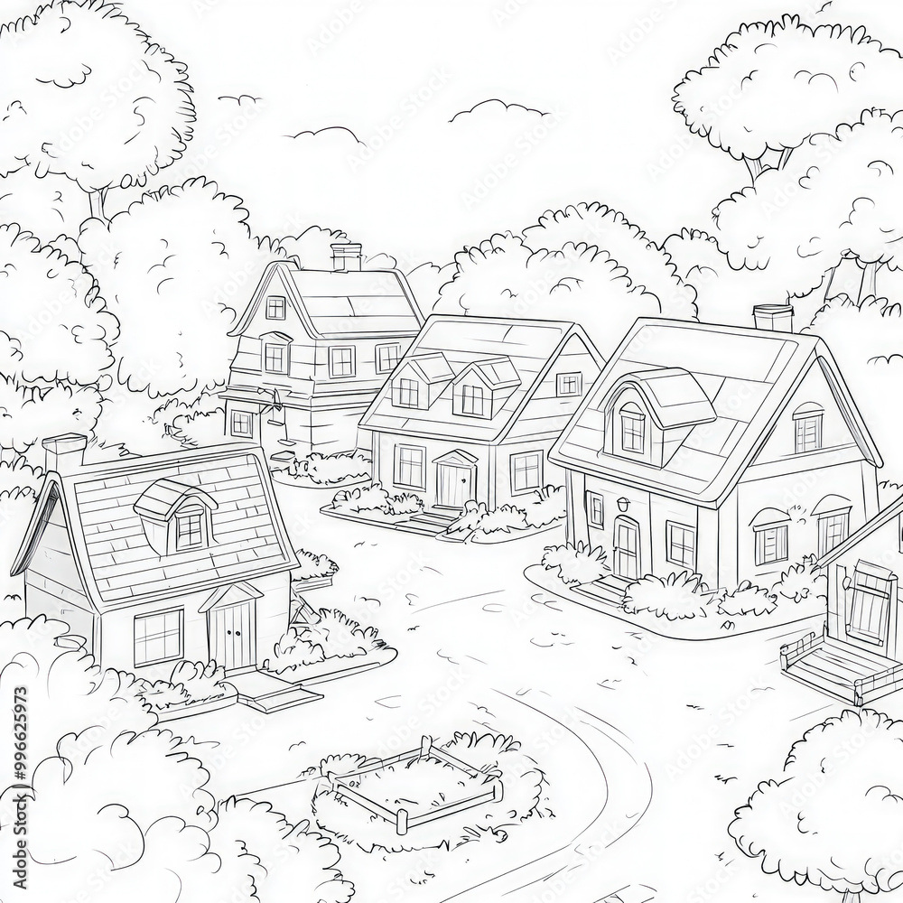 A charming village square during summer, coloring page for kids, simple outline illustration. Coloring book, simple lines. A charming village square during summer, coloring page for kids, simple outline illustration. Coloring book, simple lines.