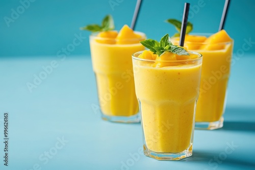 Invigorating mango yogurt drink in clear glasses placed on a blue surface, showcasing a nutritious ayurvedic beverage crafted with yogurt, ice, water, spices, and fruits for purification