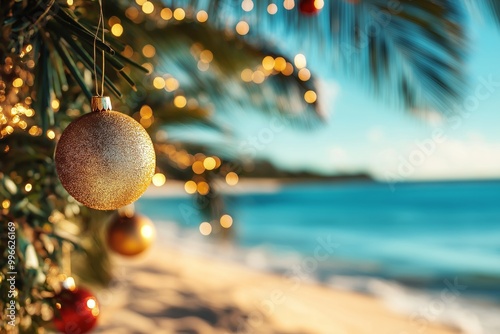 Fototapeta Naklejka Na Ścianę i Meble -  A gold ornament hanging from a palm tree with a festive beach scene in the background