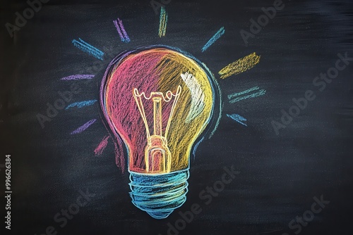 Creativity and new ideas. A bright bulb image drawn on a chalk surface using lively chalk hues photo