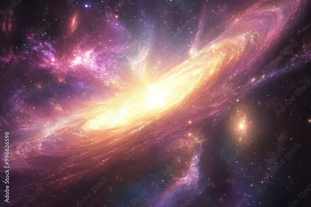 A stunning depiction of a vibrant galaxy showcasing a central explosion emitting dazzling yellow beams. Surrounded by starry skies and neighboring galaxies in hues of pink, purple, and blue A stunning depiction of a vibrant galaxy showcasing a central explosion emitting dazzling yellow beams. Surrounded by starry skies and neighboring galaxies in hues of pink, purple, and blue