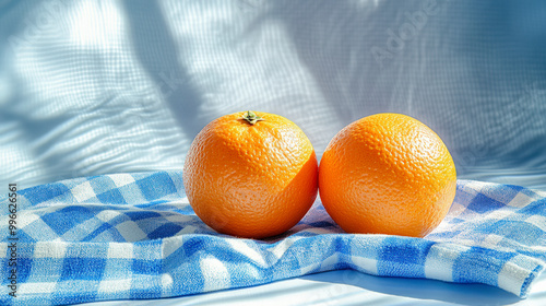 Two fresh oranges rest on a blue checkered cloth with soft, natural light casting shadows in the background.
