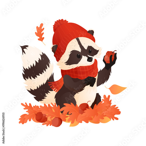 Vector illustration of a mischievous raccoon rummaging through a pile of fallen autumn leaves, eagerly searching for acorns.