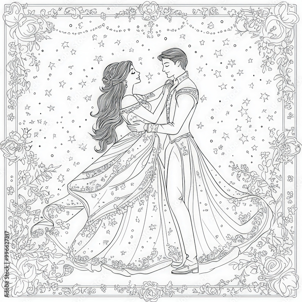 Fototapeta premium A fairytale ball with princesses and princes, coloring page for kids, simple outline illustration. Coloring book, simple lines.