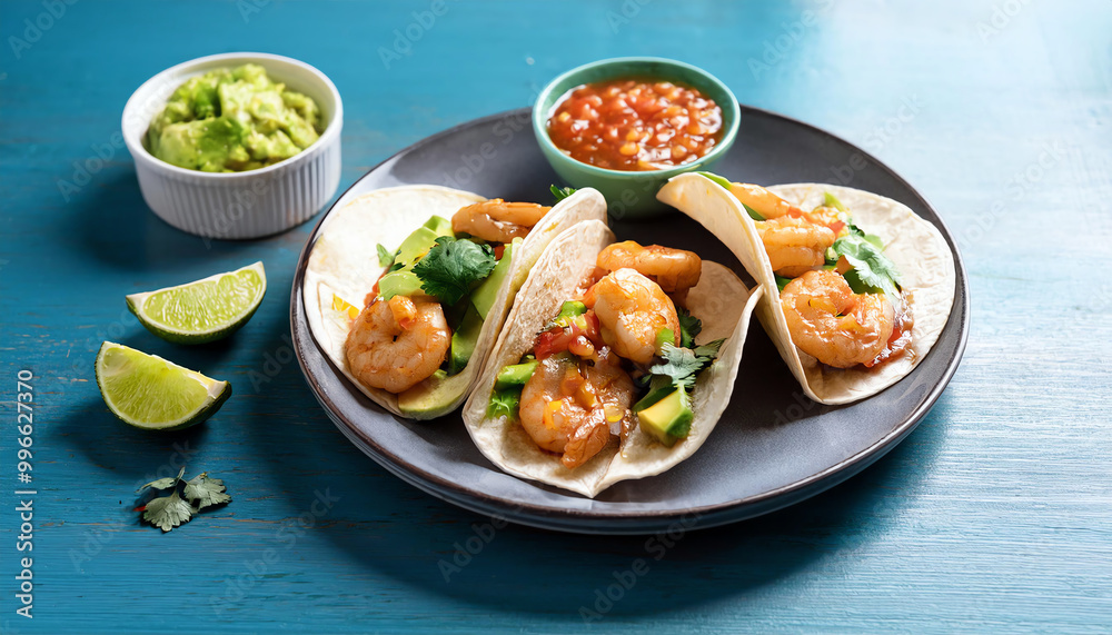 Delicious shrimp tacos served with guacamole and salsa on a vibrant blue table. Delicious shrimp tacos served with guacamole and salsa on a vibrant blue table.