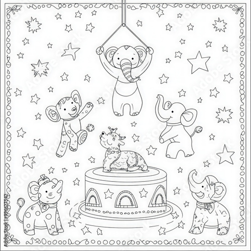 A festive circus with animals performing tricks, coloring page for kids, simple outline illustration. Coloring book, simple lines.
